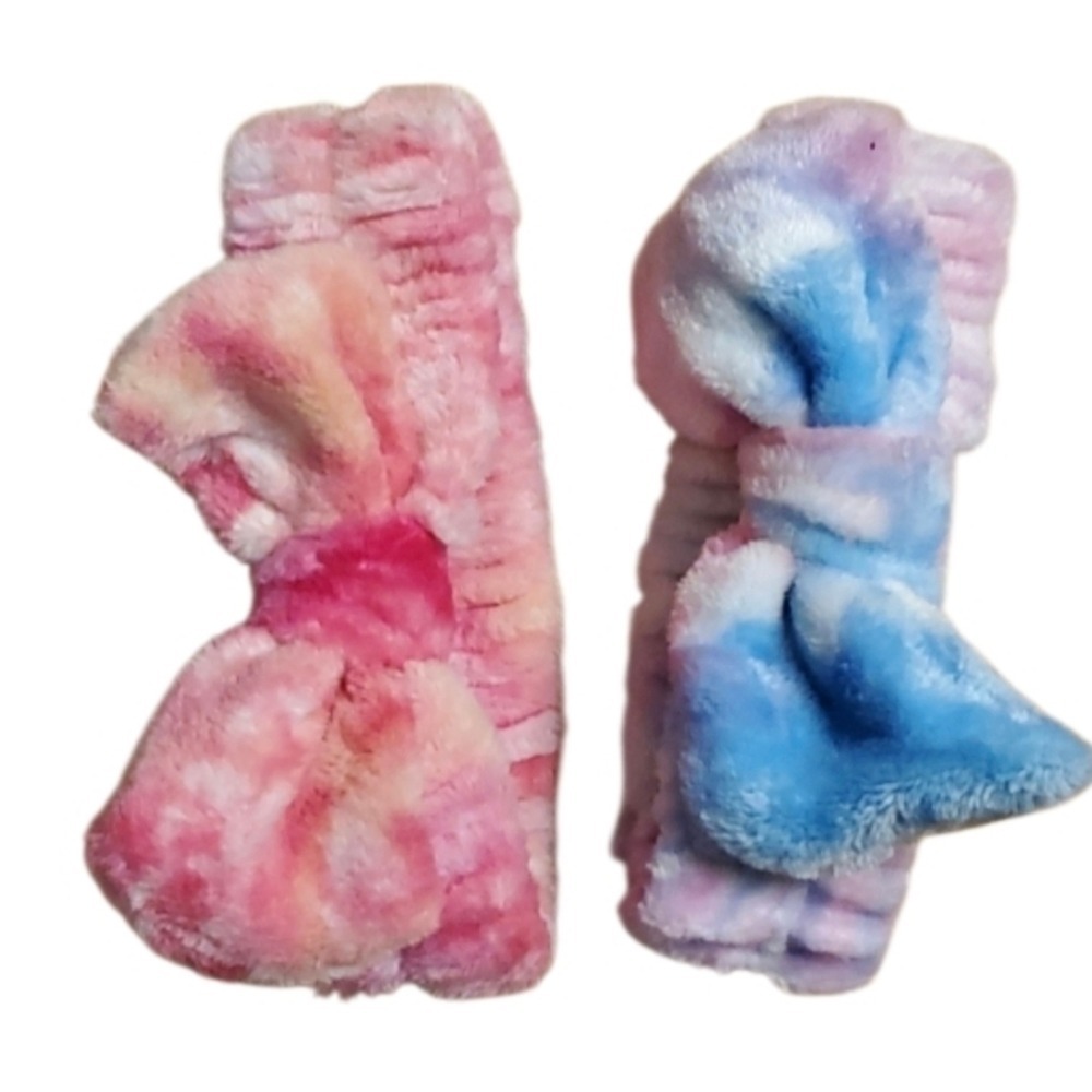 2 Pack Spa Tie Dye Bow Fluffy‎ Headbands Pink And Blue Multi